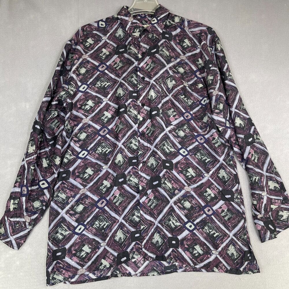 Bogari Shirt 100% Silk Men's Size Medium Vtg Button Up Geometric Black Purple